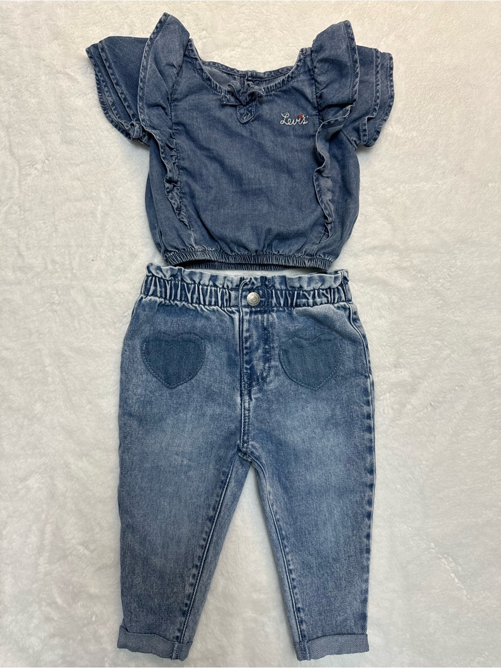 Levi's Denim Ruffle Top & Heart Pocket Jeans Set - Blue - Toddler Girls